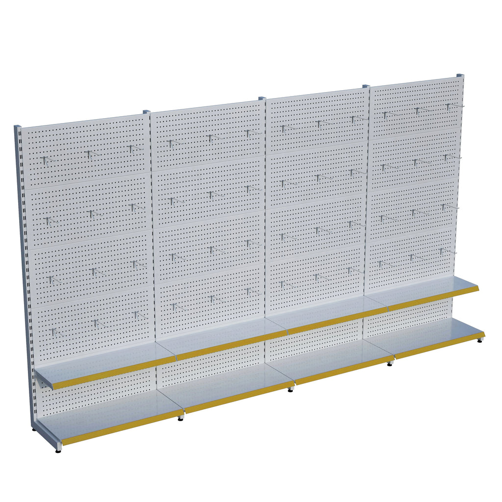 Beyaz Market Petshop Kırtasiye Rafı Hırdavat Rafı D30CMxG240CMxH220CM Beyaz Delikli Pano + Kancalı Raf