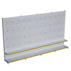 Beyaz Market Petshop Kırtasiye Rafı Hırdavat Rafı D30CMxG240CMxH220CM Beyaz Delikli Pano + Kancalı Raf