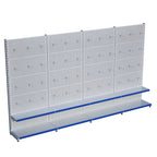 Beyaz Market Petshop Kırtasiye Rafı Hırdavat Rafı D30CMxG240CMxH220CM Beyaz Delikli Pano + Kancalı Raf