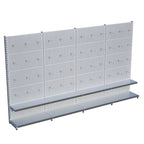 Beyaz Market Petshop Kırtasiye Rafı Hırdavat Rafı D30CMxG240CMxH220CM Beyaz Delikli Pano + Kancalı Raf