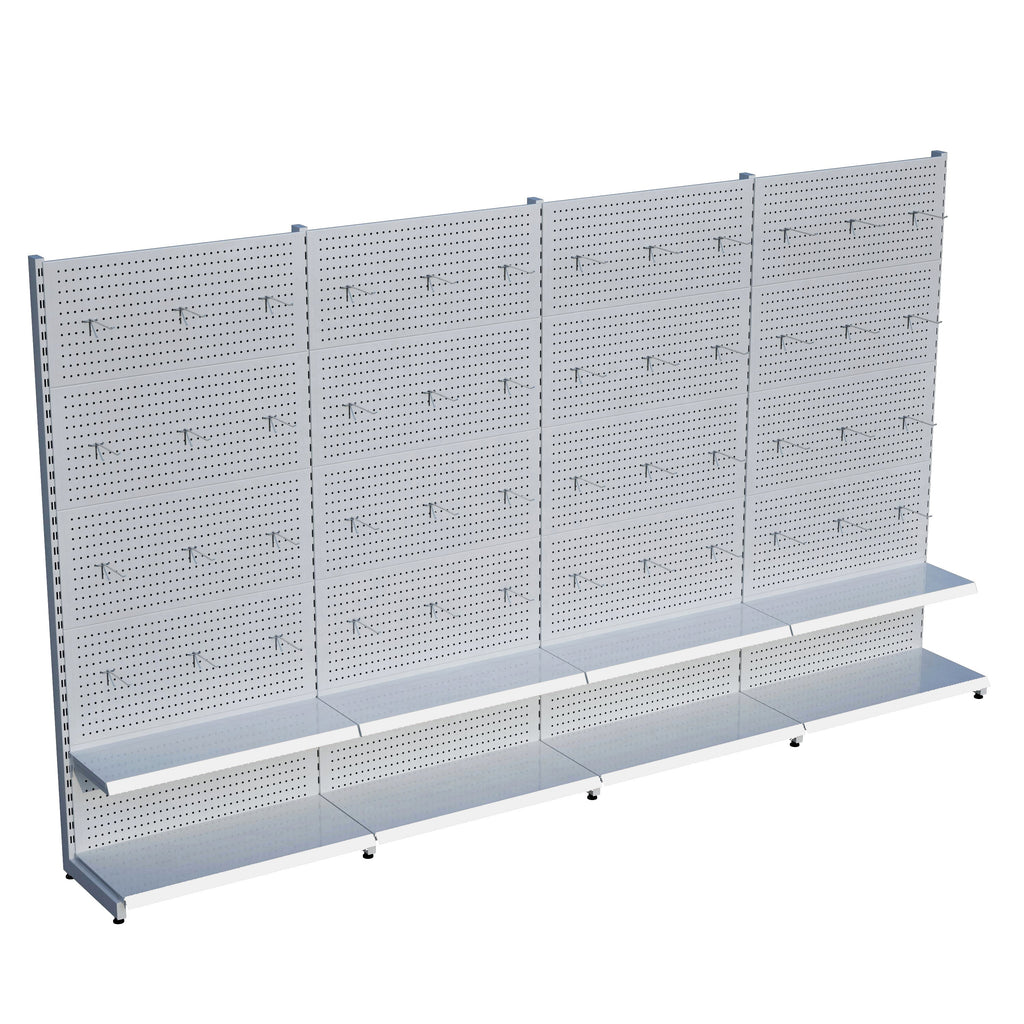 Beyaz Market Petshop Kırtasiye Rafı Hırdavat Rafı D30CMxG240CMxH220CM Beyaz Delikli Pano + Kancalı Raf