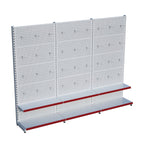 Beyaz Market Petshop Kırtasiye Rafı Hırdavat Rafı D30CMxG240CMxH220CM Beyaz Delikli Pano + Kancalı Raf