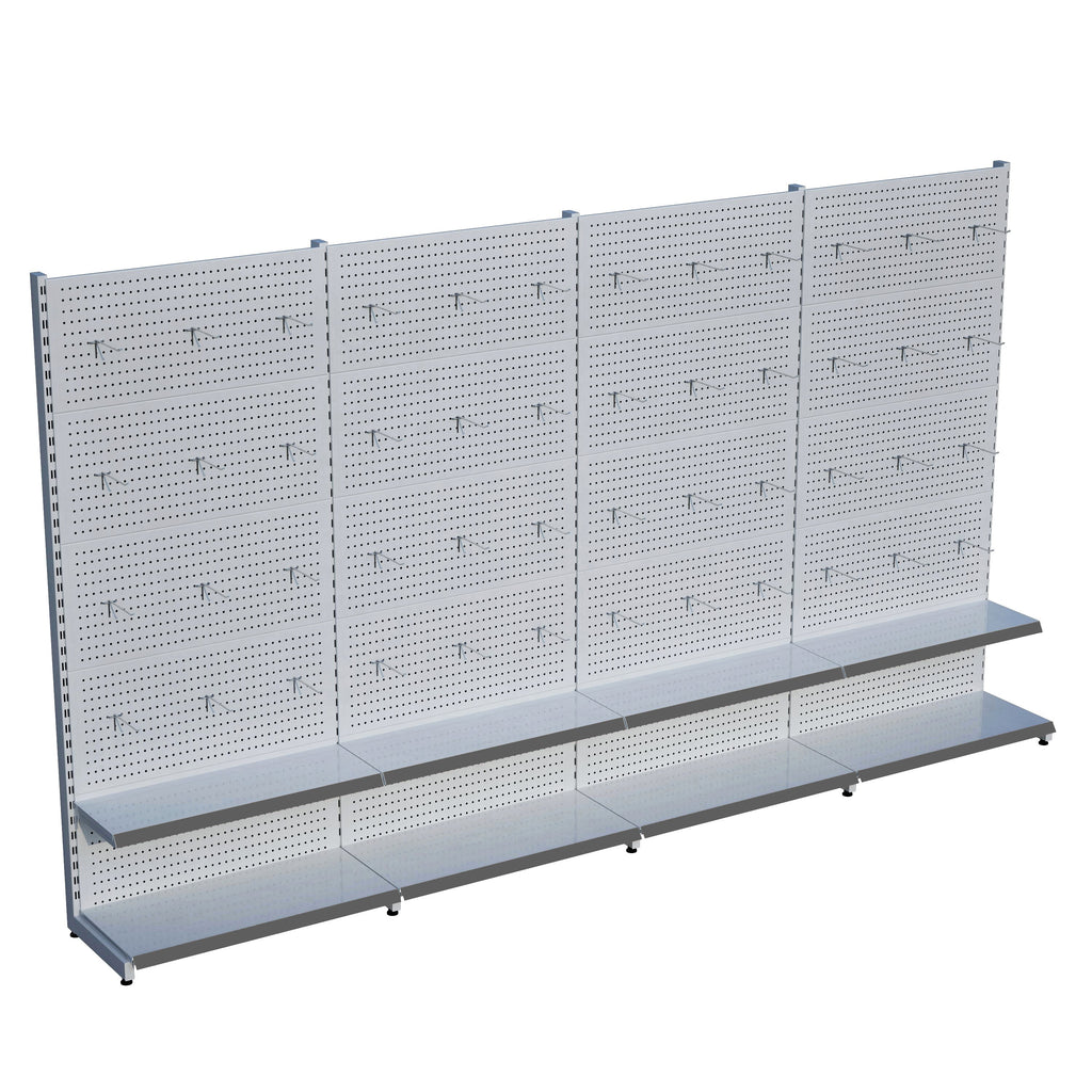 Beyaz Market Petshop Kırtasiye Rafı Hırdavat Rafı D30CMxG280CMxH220CM Beyaz Delikli Pano + Kancalı Raf