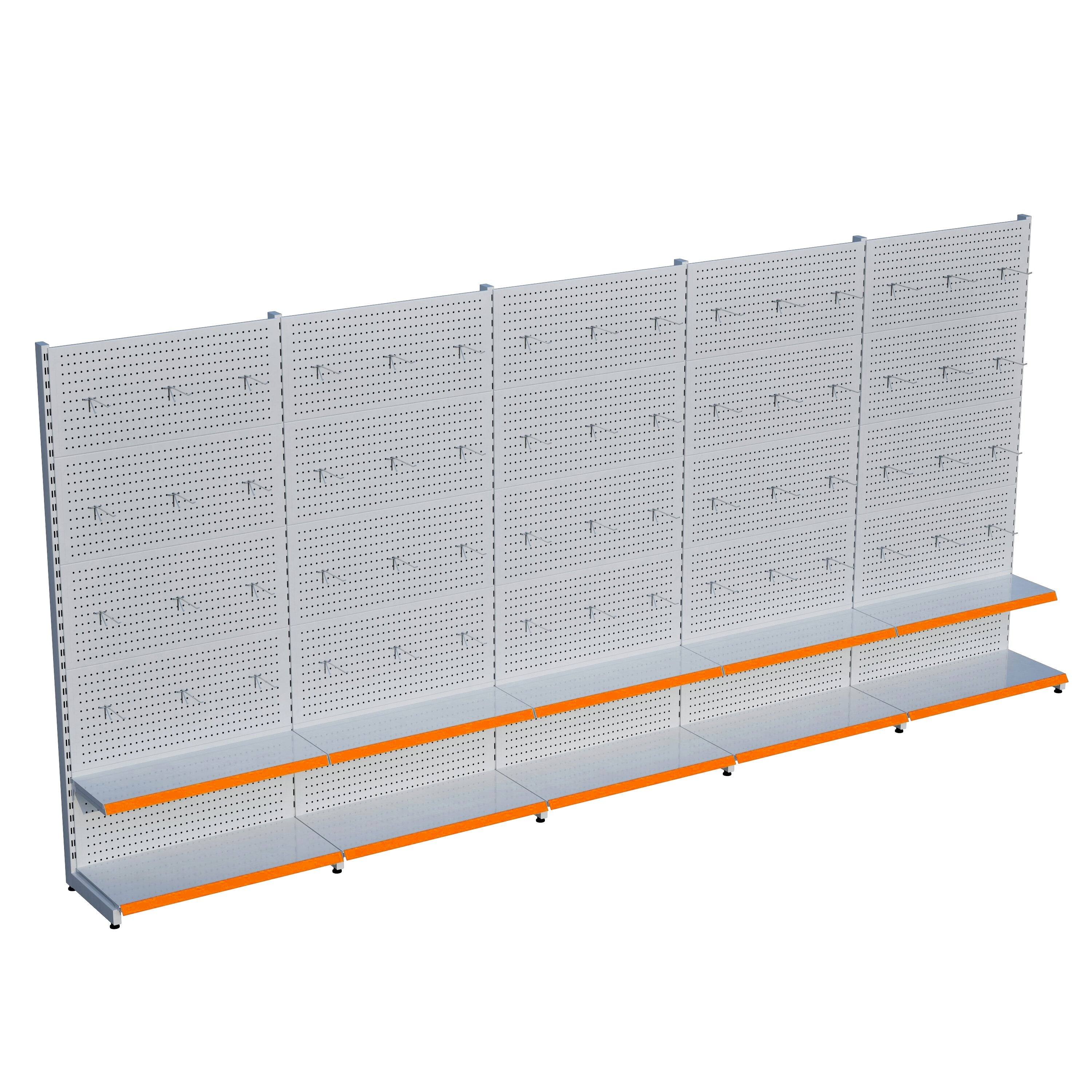 Beyaz Market Petshop Kırtasiye Rafı Hırdavat Rafı D30CMxG300CMxH220CM Beyaz Delikli Pano + Kancalı Raf