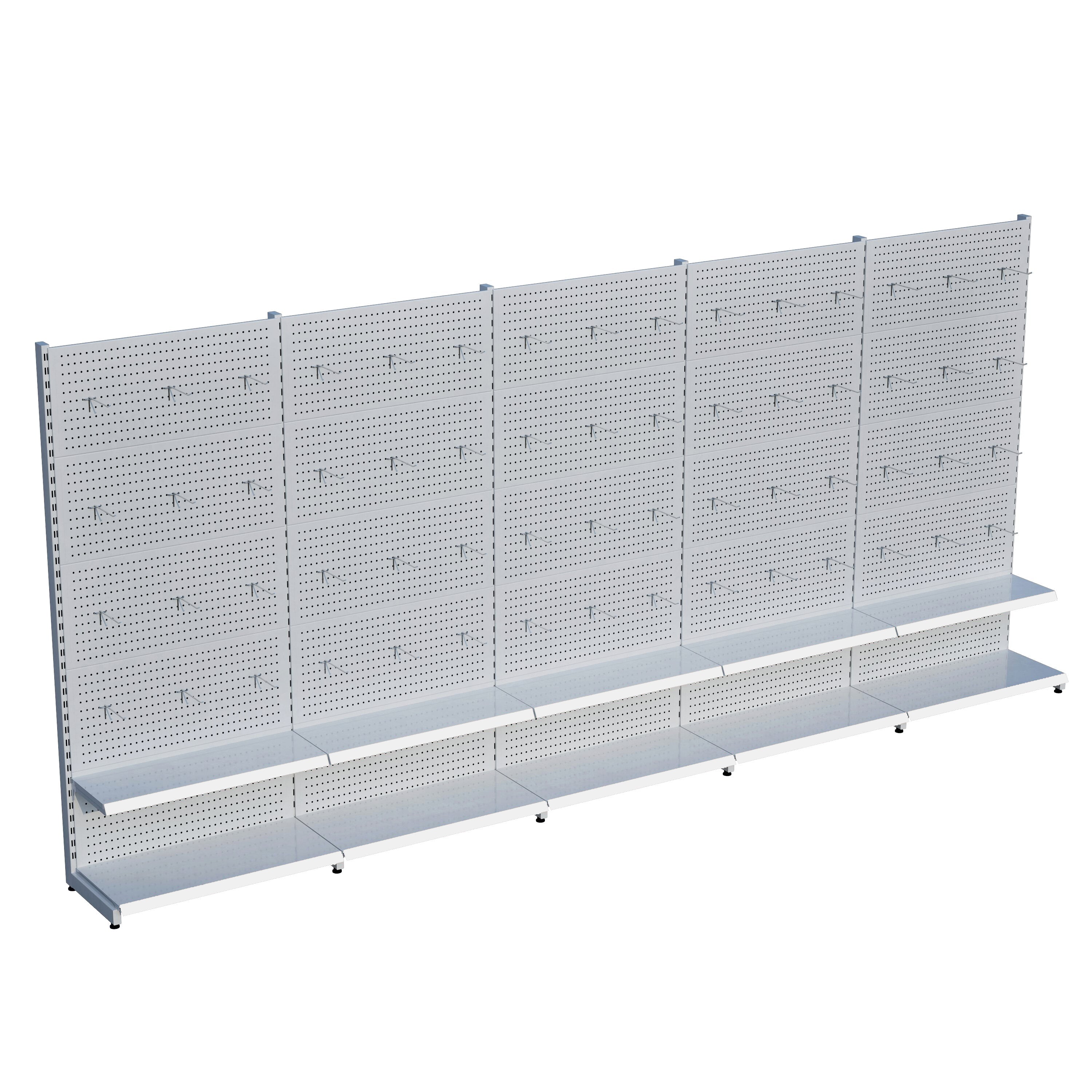 Beyaz Market Petshop Kırtasiye Rafı Hırdavat Rafı D30CMxG300CMxH220CM Beyaz Delikli Pano + Kancalı Raf