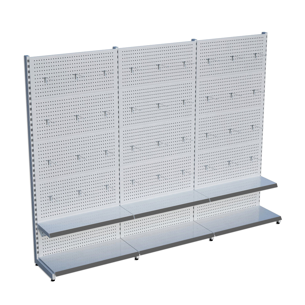 Beyaz Market Petshop Kırtasiye Rafı Hırdavat Rafı D30CMxG300CMxH220CM Beyaz Delikli Pano + Kancalı Raf