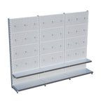 Beyaz Market Petshop Kırtasiye Rafı Hırdavat Rafı D30CMxG300CMxH220CM Beyaz Delikli Pano + Kancalı Raf