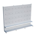 Beyaz Market Petshop Kırtasiye Rafı Hırdavat Rafı D30CMxG300CMxH220CM Beyaz Delikli Pano + Kancalı Raf