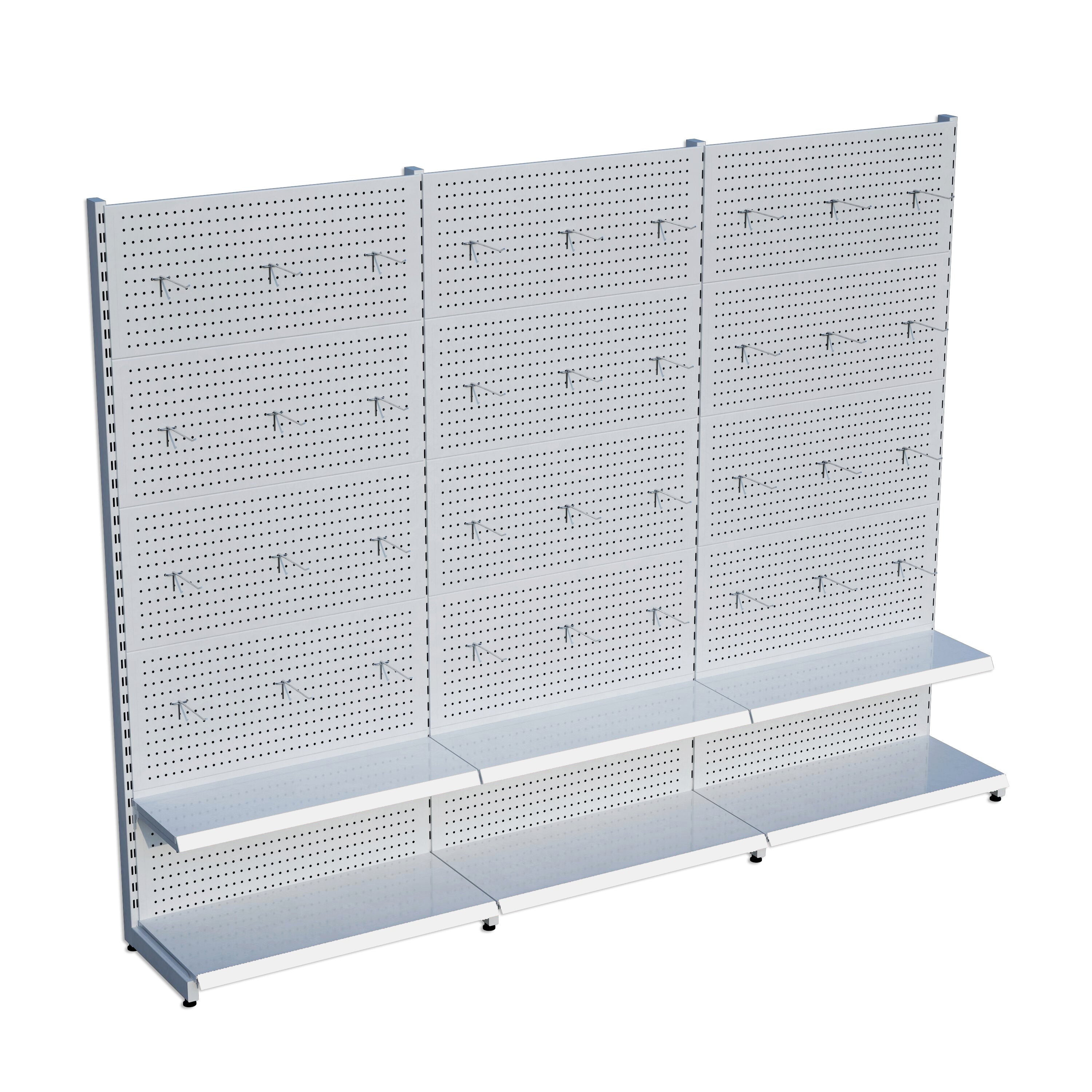 Beyaz Market Petshop Kırtasiye Rafı Hırdavat Rafı D30CMxG300CMxH220CM Beyaz Delikli Pano + Kancalı Raf