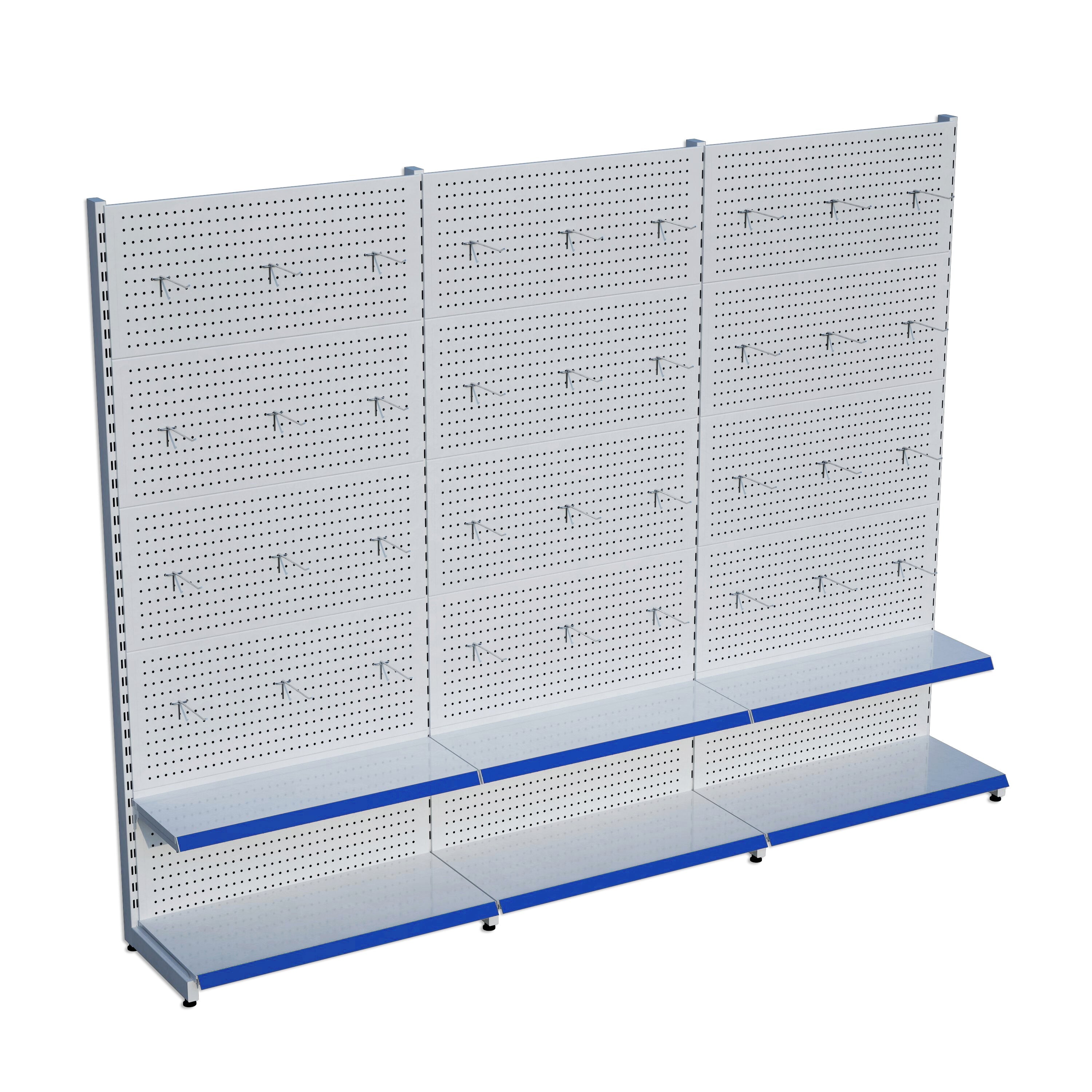 Beyaz Market Petshop Kırtasiye Rafı Hırdavat Rafı D30CMxG300CMxH220CM Beyaz Delikli Pano + Kancalı Raf