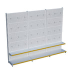 Beyaz Market Petshop Kırtasiye Rafı Hırdavat Rafı D30CMxG300CMxH220CM Beyaz Delikli Pano + Kancalı Raf