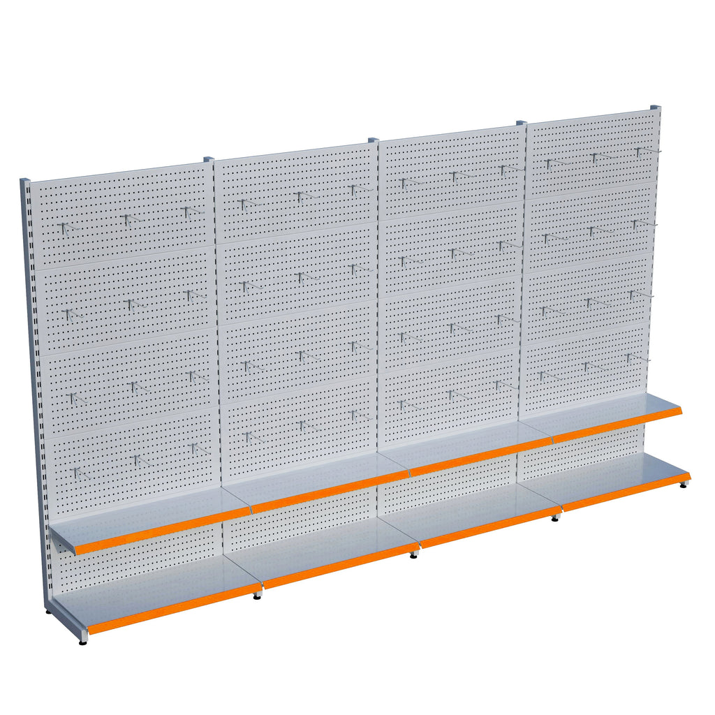 Beyaz Market Petshop Kırtasiye Rafı Hırdavat Rafı D30CMxG320CMxH220CM Beyaz Delikli Pano + Kancalı Raf