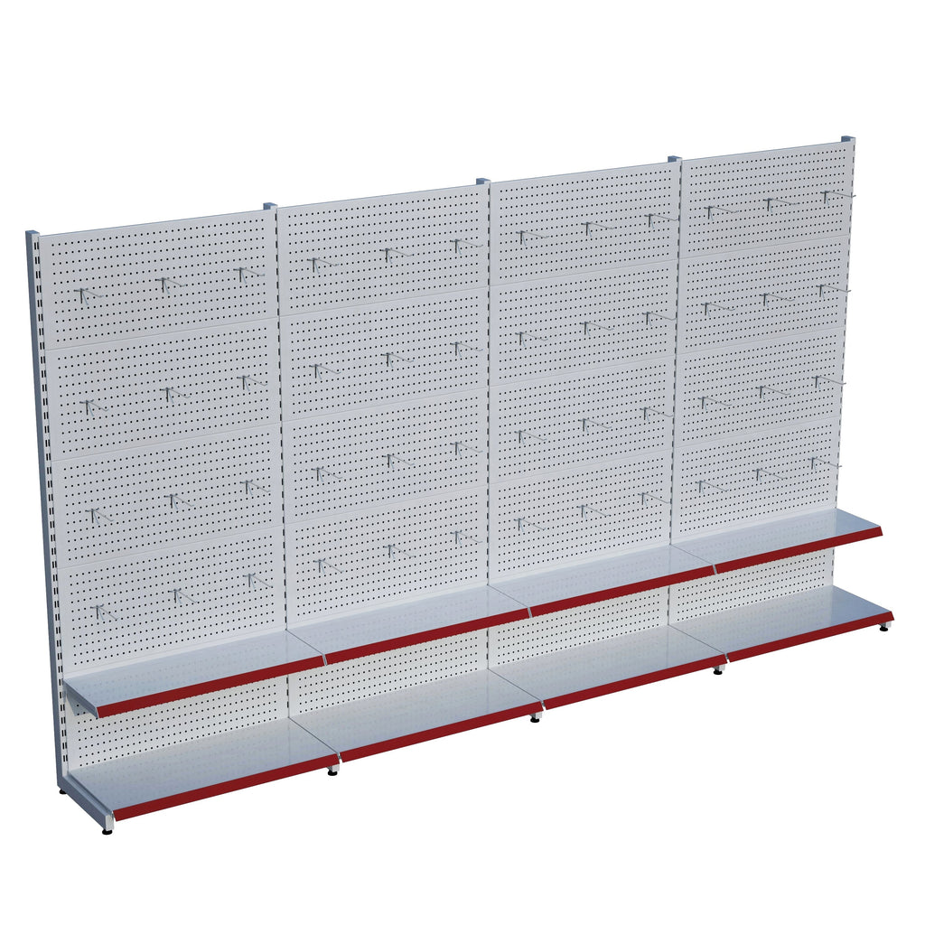 Beyaz Market Petshop Kırtasiye Rafı Hırdavat Rafı D30CMxG400CMxH220CM Beyaz Delikli Pano + Kancalı Raf