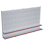 Beyaz Market Petshop Kırtasiye Rafı Hırdavat Rafı D30CMxG400CMxH220CM Beyaz Delikli Pano + Kancalı Raf