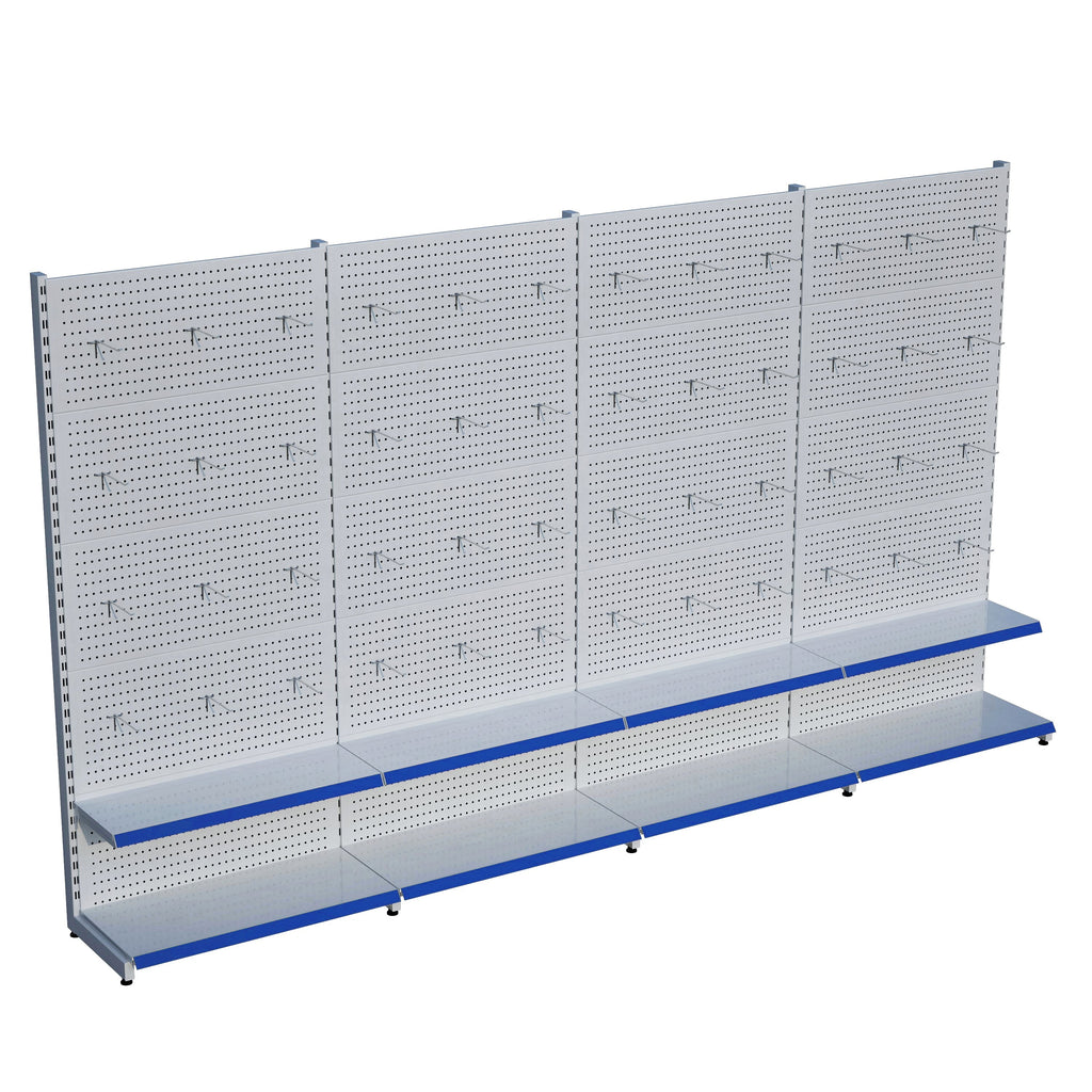 Beyaz Market Petshop Kırtasiye Rafı Hırdavat Rafı D30CMxG400CMxH220CM Beyaz Delikli Pano + Kancalı Raf