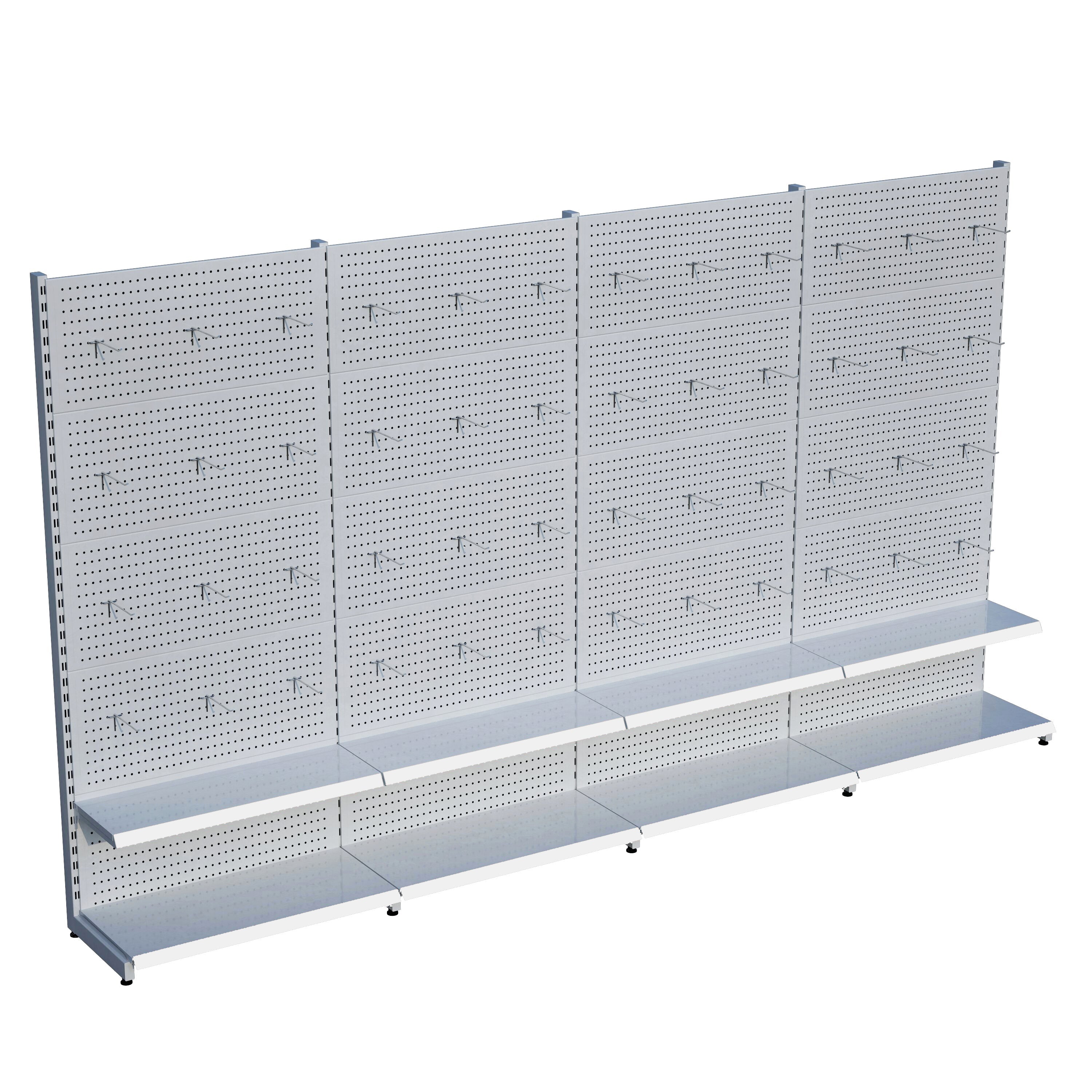 Beyaz Market Petshop Kırtasiye Rafı Hırdavat Rafı D30CMxG400CMxH220CM Beyaz Delikli Pano + Kancalı Raf