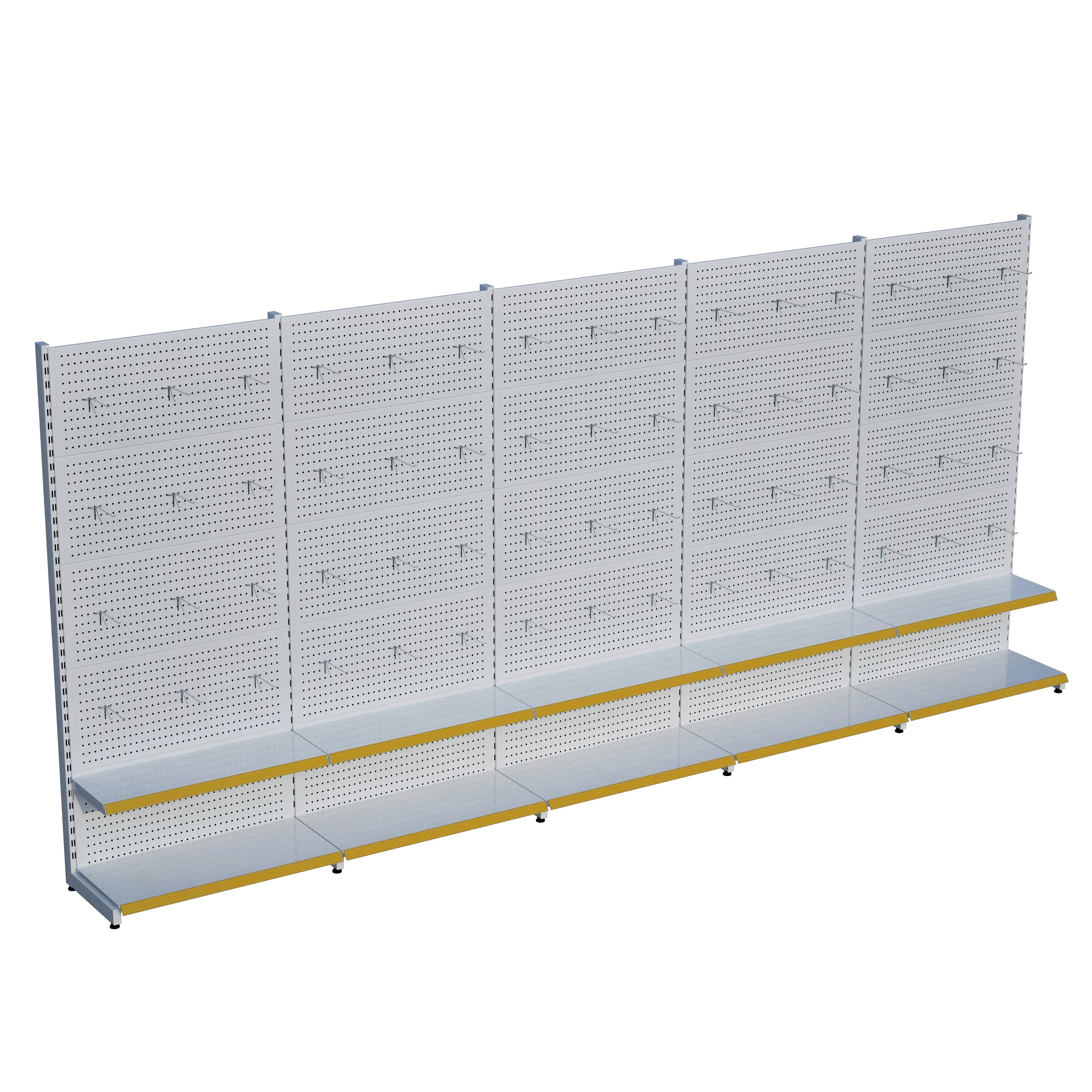 Beyaz Market Petshop Kırtasiye Rafı Hırdavat Rafı D30CMxG400CMxH220CM Beyaz Delikli Pano + Kancalı Raf