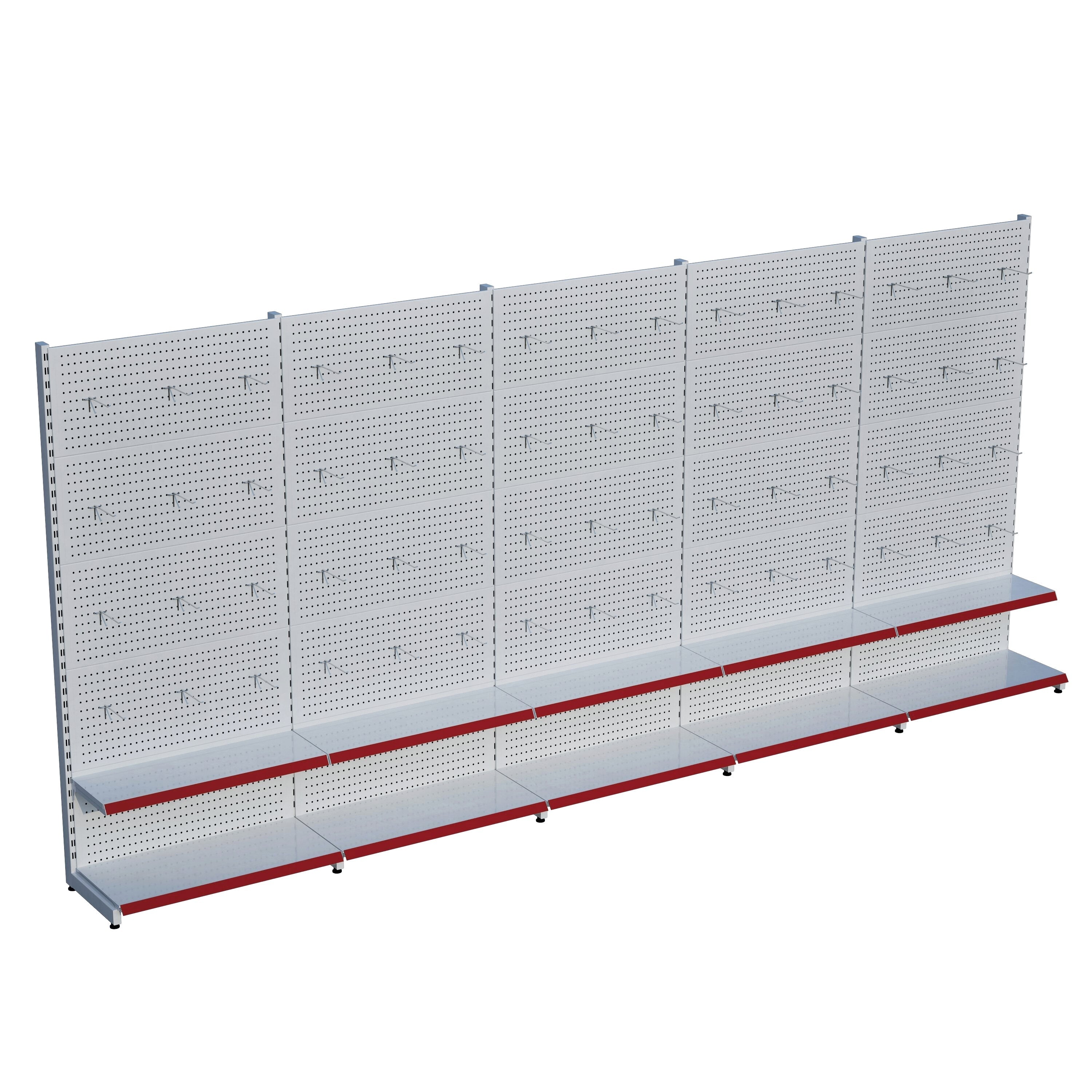 Beyaz Market Petshop Kırtasiye Rafı Hırdavat Rafı D30CMxG400CMxH220CM Beyaz Delikli Pano + Kancalı Raf