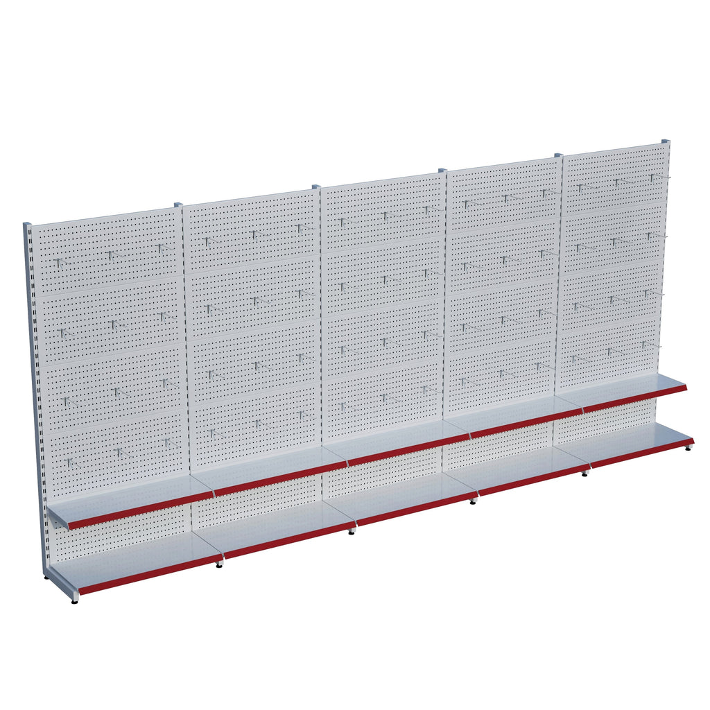 Beyaz Market Petshop Kırtasiye Rafı Hırdavat Rafı D30CMxG500CMxH220CM Beyaz Delikli Pano + Kancalı Raf