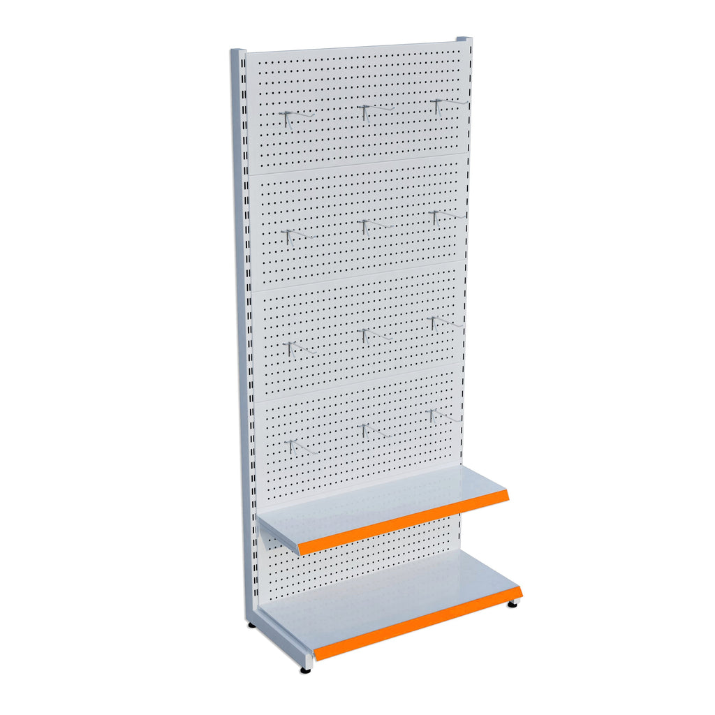 Beyaz Market Petshop Kırtasiye Rafı Hırdavat Rafı D30CMxG60CMxH220CM Beyaz Delikli Pano + Kancalı Raf