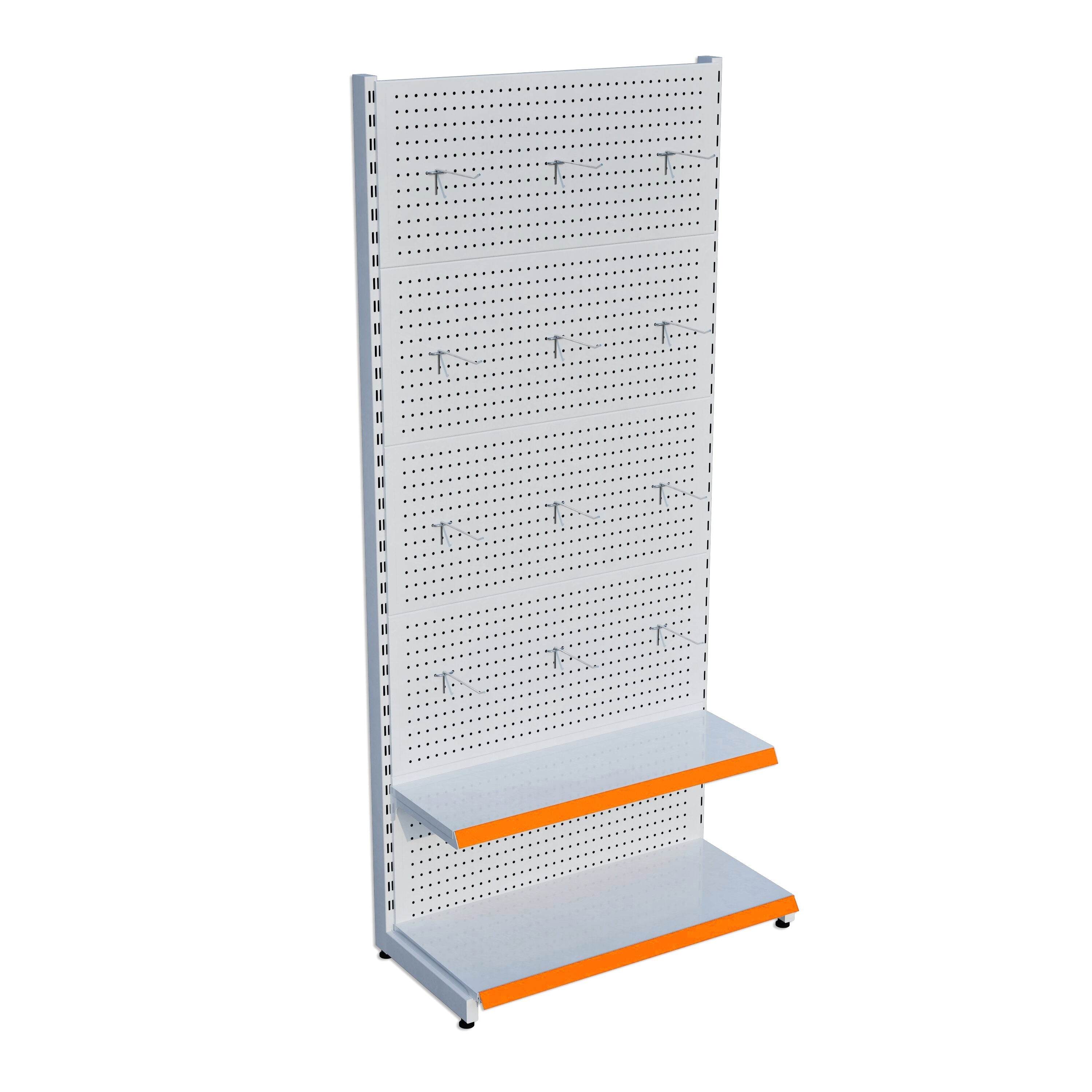 Beyaz Market Petshop Kırtasiye Rafı Hırdavat Rafı D30CMxG60CMxH220CM Beyaz Delikli Pano + Kancalı Raf