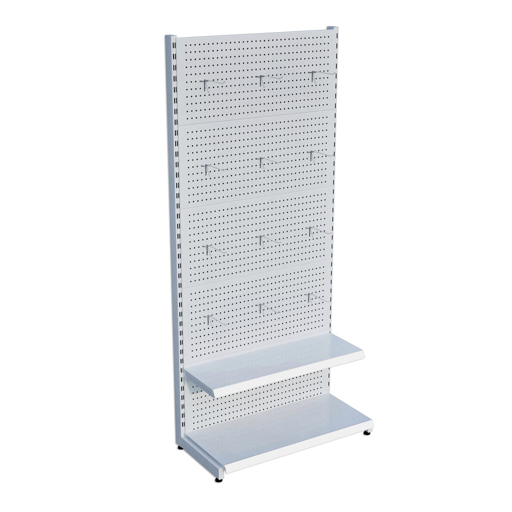 Beyaz Market Petshop Kırtasiye Rafı Hırdavat Rafı D30CMxG60CMxH220CM Beyaz Delikli Pano + Kancalı Raf