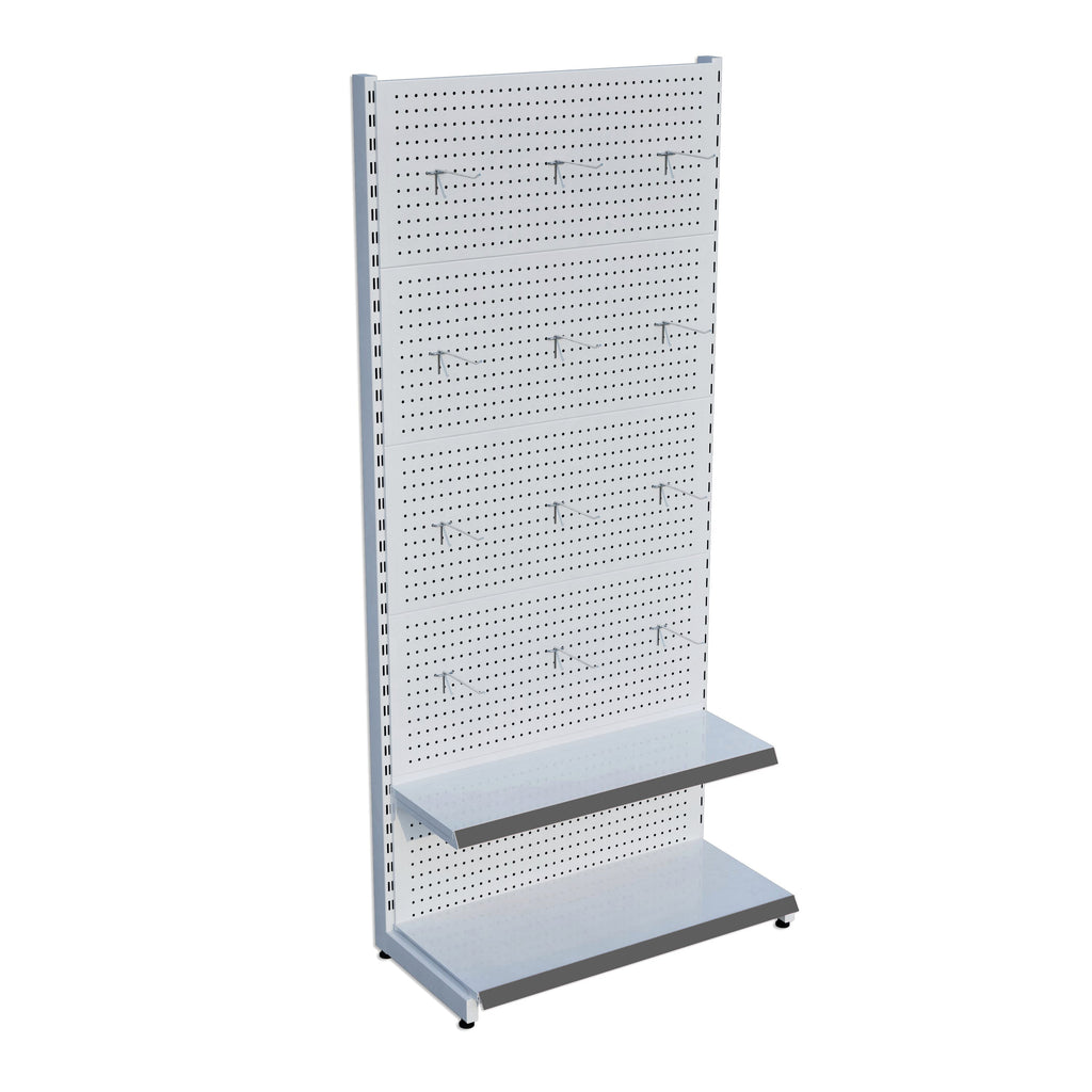 Beyaz Market Petshop Kırtasiye Rafı Hırdavat Rafı D30CMxG80CMxH220CM Beyaz Delikli Pano + Kancalı Raf